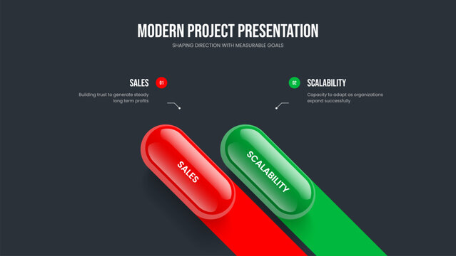 Market Proposal Two Option Diagram Slide Layout. Marketing Innovation Presentation Design Vector Illustration. Consulting Development 2 Step Infographic Slideshow Template.