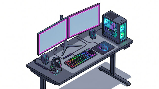 Isometric PC Gaming Desk Setup with Dual Monitors and RGB Lighting