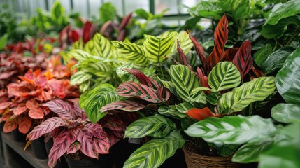 Fototapeta premium a collection of various Calathea species grouped together in a bright, glass-walled conservatory or sunroom