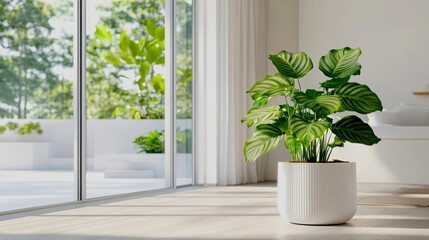 Fototapeta premium a large, lush Calathea orbifolia plant with its iconic broad, round leaves featuring silvery-green stripes
