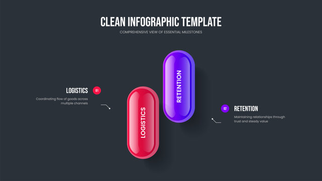 Advertising Performance Frame Layout Vector Illustration. Corporate Plan 2 Step Diagram Presentation Template. Investor Development Two Option Infographic Slide Design.