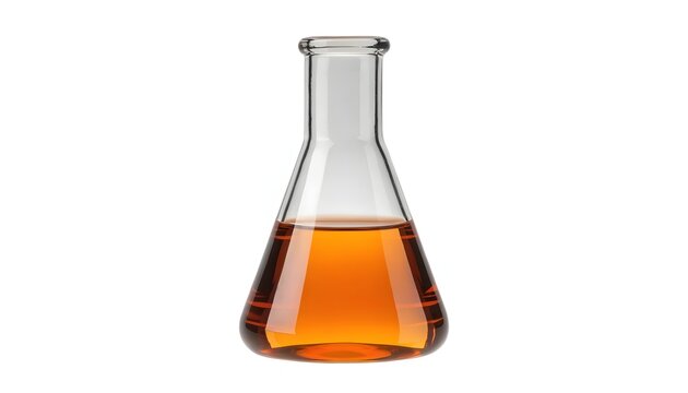 Glass erlenmeyer flask filled with orange chemical liquid. Scientific laboratory research and education necessity. Transparent chemistry bottle isolated on white background