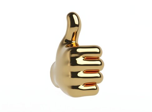Golden metallic thumbs up hand sign facing forward. Social media approval feedback and positive rating concept. Shiny gesture icon isolated on white background