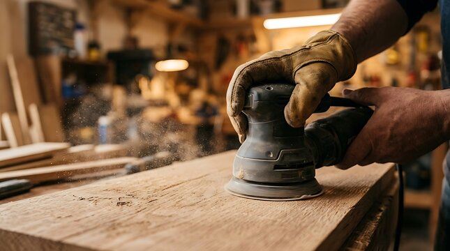 Woodworker wearing protective leather gloves using an electric orbital sander to smooth the surface of a rustic wooden plank in a workshop