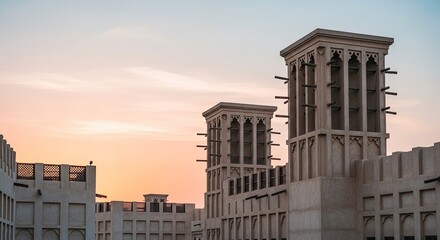 Fototapeta premium Traditional Wind Towers at Sunset in Dubai Heritage District