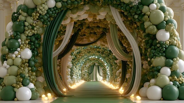 Elegant Green and Gold Balloon Arch Tunnel with White Fabric Draping and Floor Lights for Luxury Wedding Entrance or Corporate Event Celebration Backdrop and Festive Party Decoration Design Setup