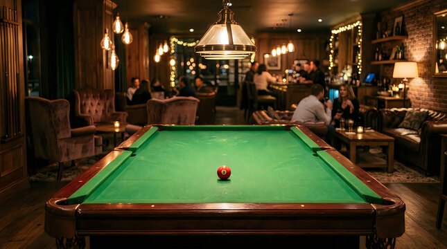 Red billiard ball on green pool table in cozy bar