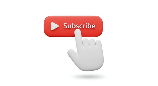 3D render of a white hand cursor clicking a red subscribe button with a play icon