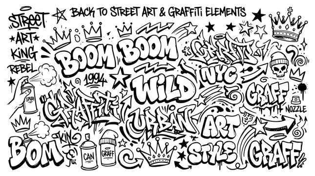 Hand drawn street art graffiti elements tag bubble throw up wildstyle crown star arrow spray, black ink sketch vector illustration