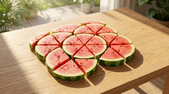 Freshly sliced watermelon fruit arranged on wooden table