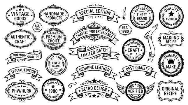 Hand drawn vintage label badge elements oval round stamp banner arch ribbon seal border, black ink sketch vector illustration