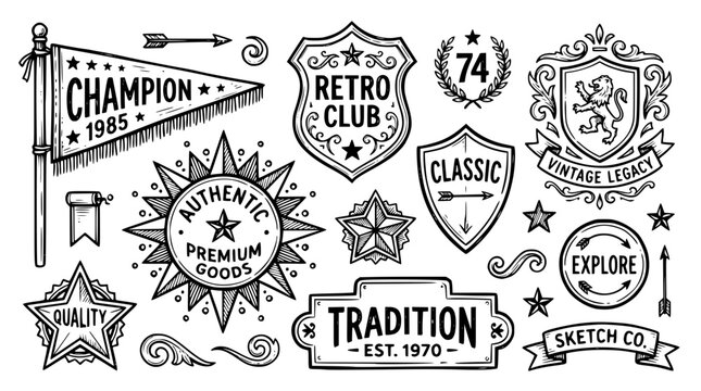 Hand drawn retro sticker patch elements shield star burst badge pennant crest panel tab, black ink sketch vector illustration
