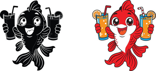 Naklejka premium Cheerful goldfish mascot holding refreshing fruit drinks in black and color versions
