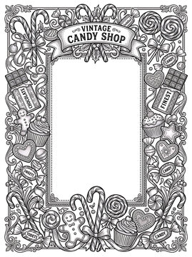 Coloring page border with vintage sweets candy and gingerbread illustration