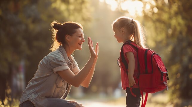 Mom and child share a warm goodbye moment.