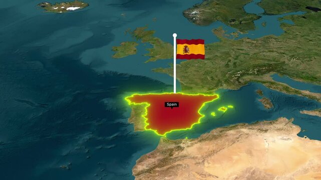 Animated 3D Satellite Map Zoom of Spain with Waving National Flag Pin and Glowing Yellow Territory Borders