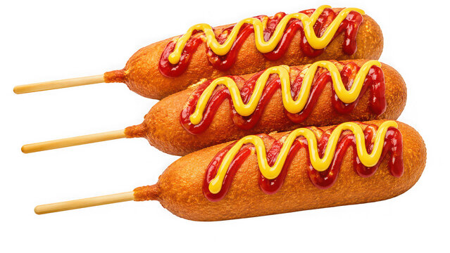 Three crispy golden corn dogs with mustard and isolated on transparent background