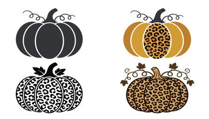 pumpkin vector set, trendy leopard print fall squash illustrations, cheetah pattern halloween pumpkin clipart, rustic autumn thanksgiving holiday elements. © Creative Studio 
