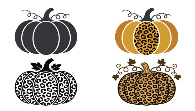 pumpkin vector set, trendy leopard print fall squash illustrations, cheetah pattern halloween pumpkin clipart, rustic autumn thanksgiving holiday elements.