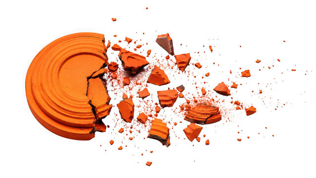 Shattered orange clay target disc for trap shooting isolated on transparent background