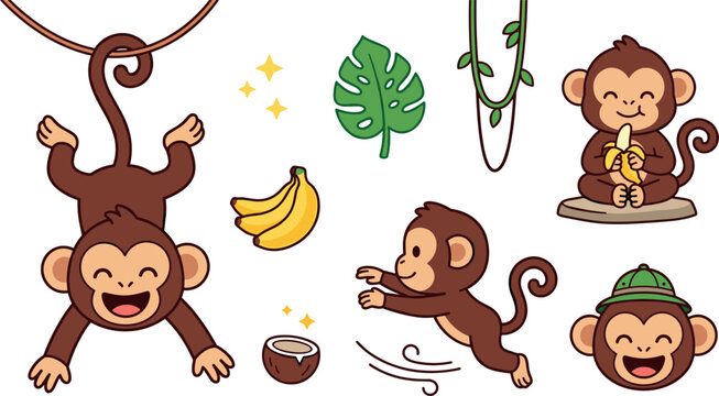Cute monkey cartoon character vector illustration set featuring friendly jungle chimps with bananas tropical palm leaves coconut and vines hanging isolated on white background
