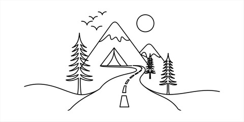 Simple line art drawing of a mountain landscape with a camping tent and a road leading towards the hills under a sun and birds in the sky © Vector Art Gallery 