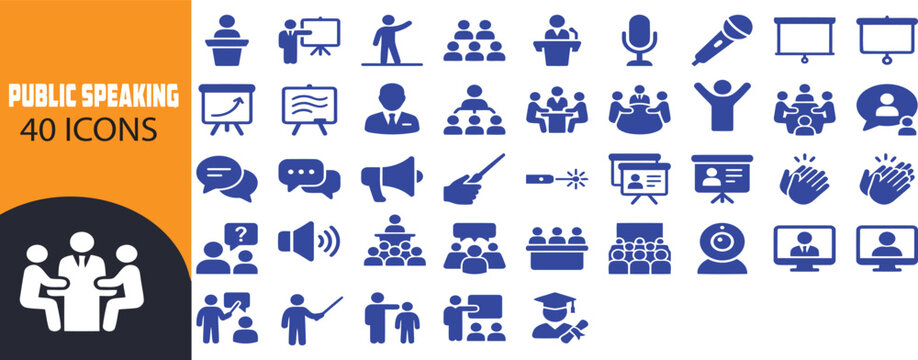 Public speaking icon. Speaker presentation symbol. Simple pictogram for conference, lecture, seminar, keynote speech, audience event and business training.