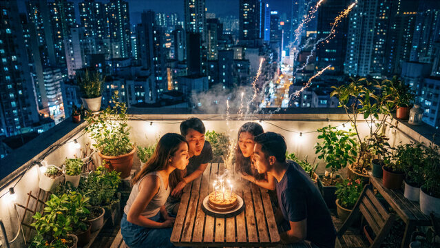 Friends celebrating a birthday with a cake on a small rooftop garden overlooking a dark city abyss
