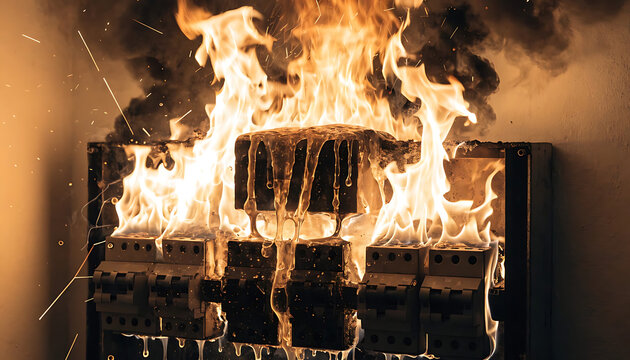 burning fire in a fireplace, Computer circuit board and electronic microchip burning in fire representing data breach and cyber attack