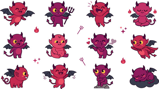 Cute little devil cartoon character vector illustration collection featuring friendly red and purple baby demons with horns wings tail trident and fire flames isolated on white