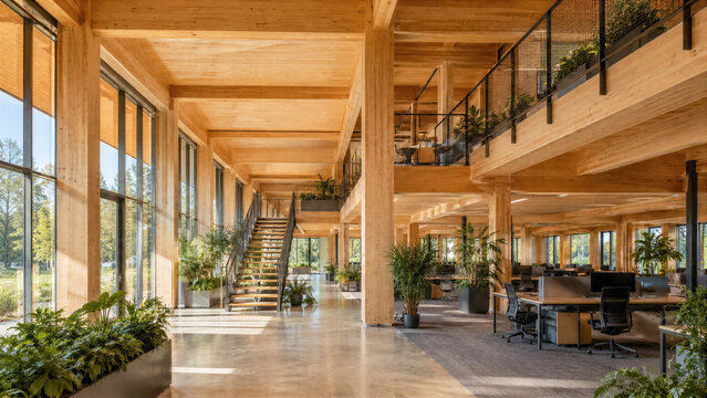 Interior of a modern sustainable office building constructed with cross laminated timber CLT beams and natural light