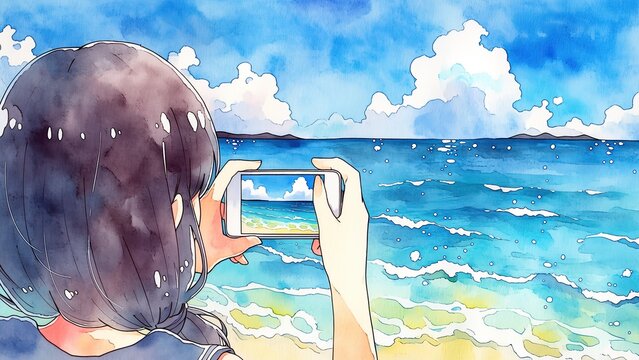 スマートフォンで海を撮影する人物の水彩イラスト 夏の旅行風景