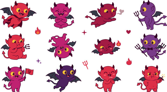 Cute little devil cartoon character vector illustration set featuring friendly red and purple baby demons with horns wings trident fork and flames isolated on white background