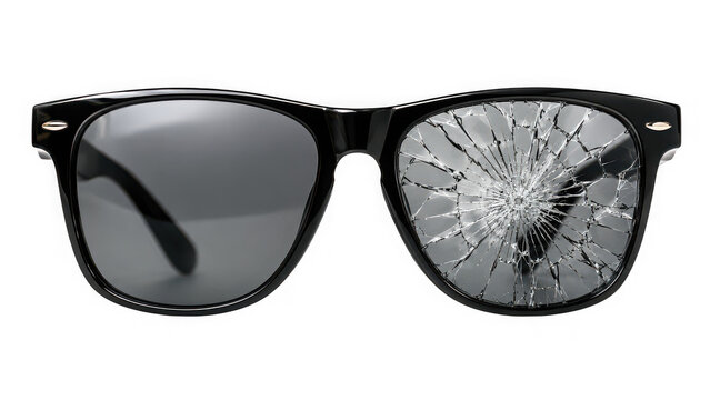 Black frame sunglasses with one lens shattered isolated on transparent background