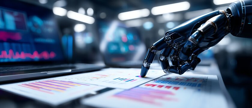 Robot hand interacting with data sheets.