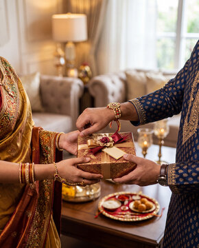 Indian siblings in traditional attire exchanging a beautiful gift during a festive celebration at home, focus on connection and shared joy, Raksha Bandhan festival, Raksha Bandhan 2026