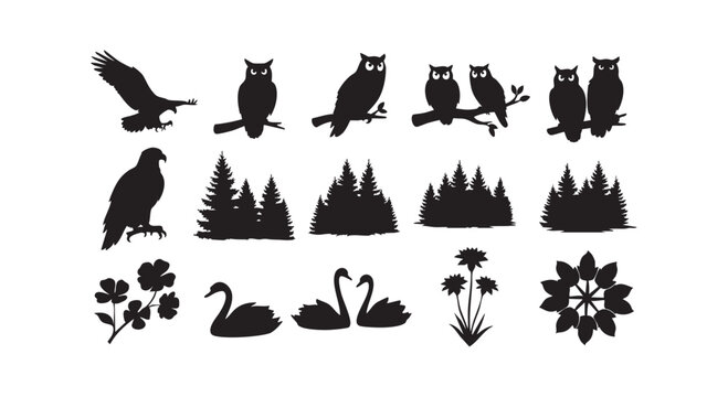 Collection of nature elements featuring eagles owls forest trees swans and floral motifs isolated on white background.