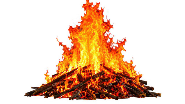 Bright orange blazing campfire flames with glowing isolated on transparent background