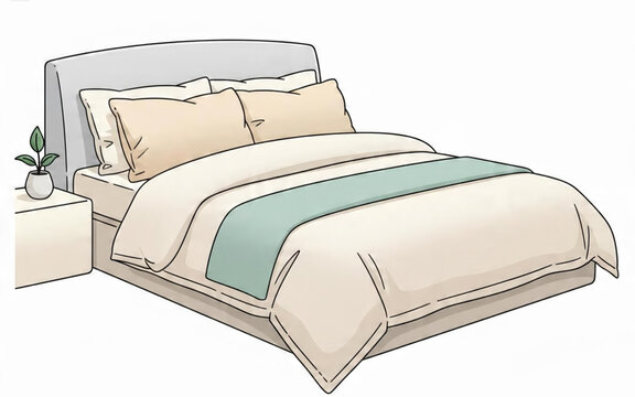 Modern bedroom illustration featuring a double bed with pillows, beige duvet, mint green runner, and a minimalist bedside table with a potted plant