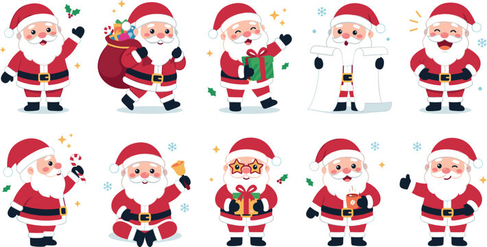 Cute Santa Claus cartoon character vector illustration set featuring festive Christmas father in various poses with holiday gifts sack list and decorations isolated on white
