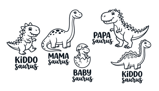 dinosaur vector set, cute family saurus quote elements, funny t-rex and brachiosaurus outline clipart, minimal linear prehistoric animal graphics.