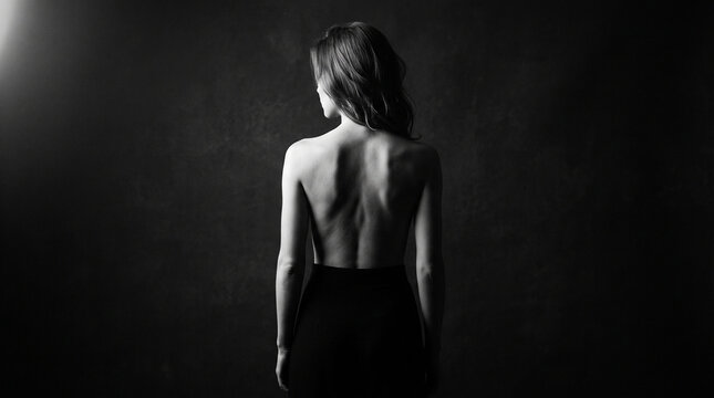 Artistic black and white portrait of a woman's bare back looking away