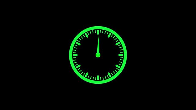 Green clock face motion graphic with moving hands on black background.