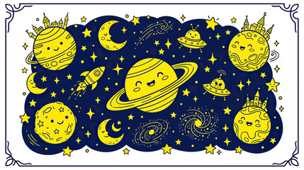 Cute Cartoon Space Scene with Planets and Stars © bolo