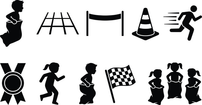 Indonesian independence day sack race balap karung vectors bundle showcasing child jumping inside burlap sacks starting grids winner medals