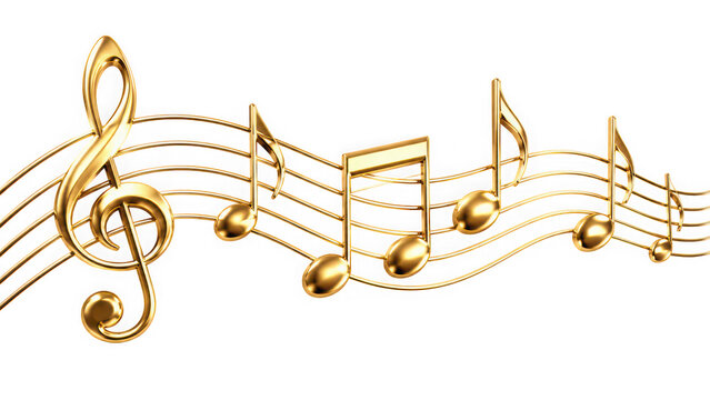 Elegant gold music notes on staff lines isolated on transparent background