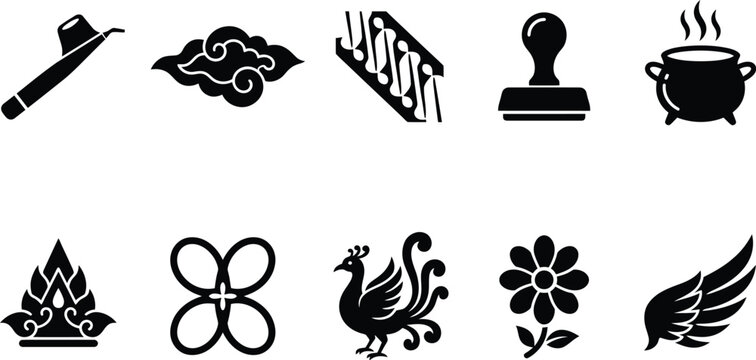 Indonesian batik textile craft patterns line icons pack showcasing traditional copper canting tools mega mendung clouds parang elements stamp handles