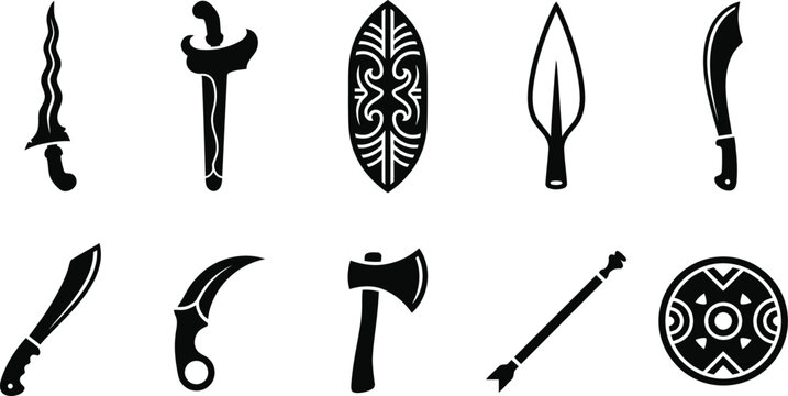Heritage weapons shield armor templates portfolio representing asymmetrical wavy bladed kris daggers ornate sheaths kalimantan tribal perisai shields golok machetes