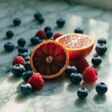  bright still life of mixed citrus and berries 