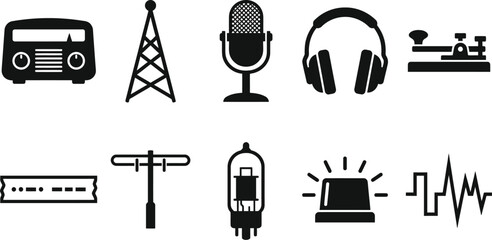 Early broadcasting revolutionary radio communication icons sheet featuring boxy vintage receivers tuning knobs transmission towers geometric sound waves headsets © ArtFlex